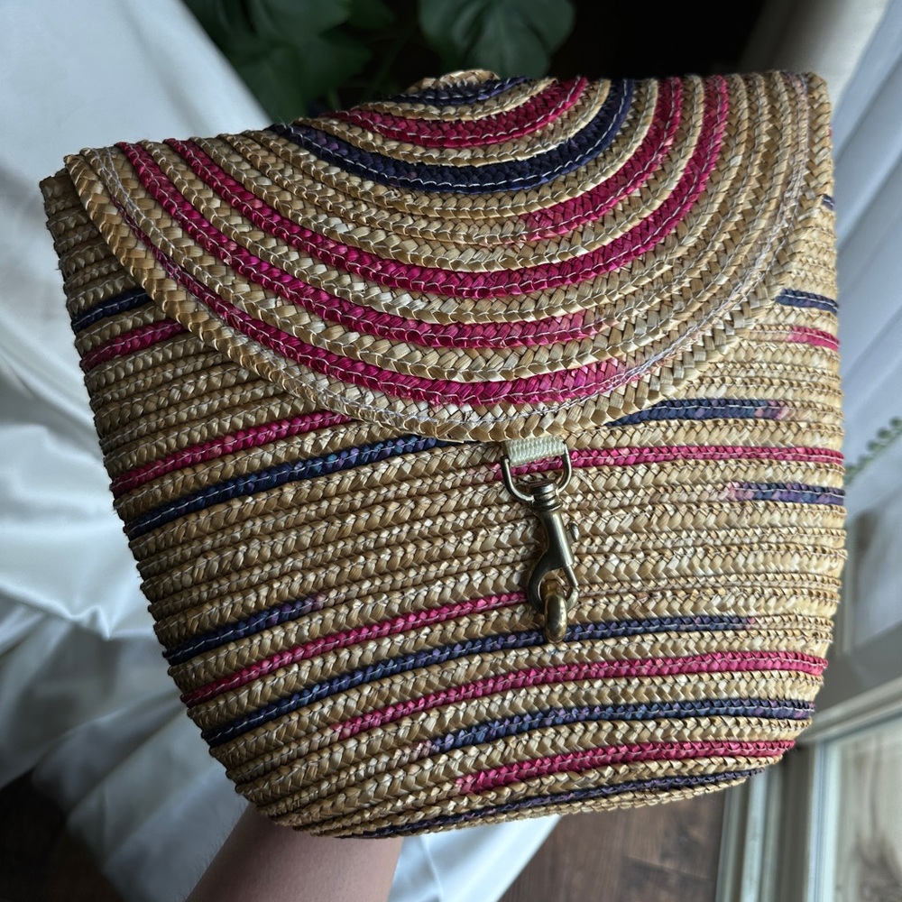 Elegant Straw Clutch with Pink and Blue Accents